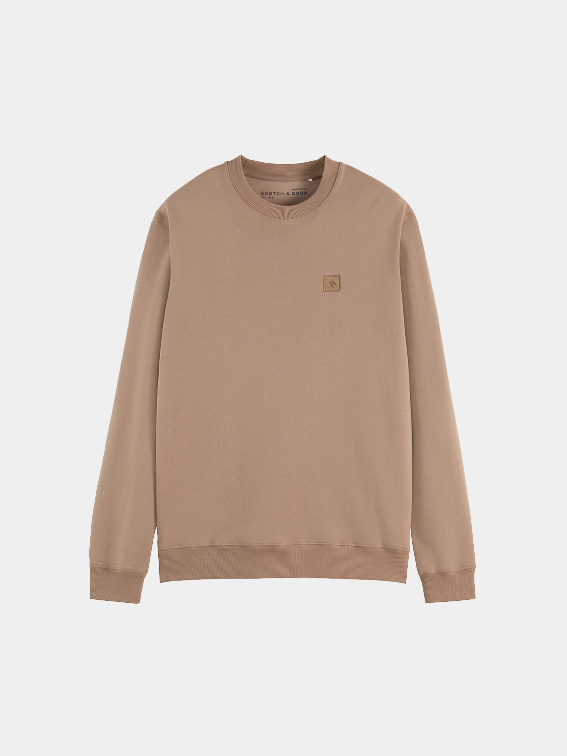 Gray Scotch & Soda logo sweatshirt with a front chest graphic, made of soft, comfortable fabric for casual wear.