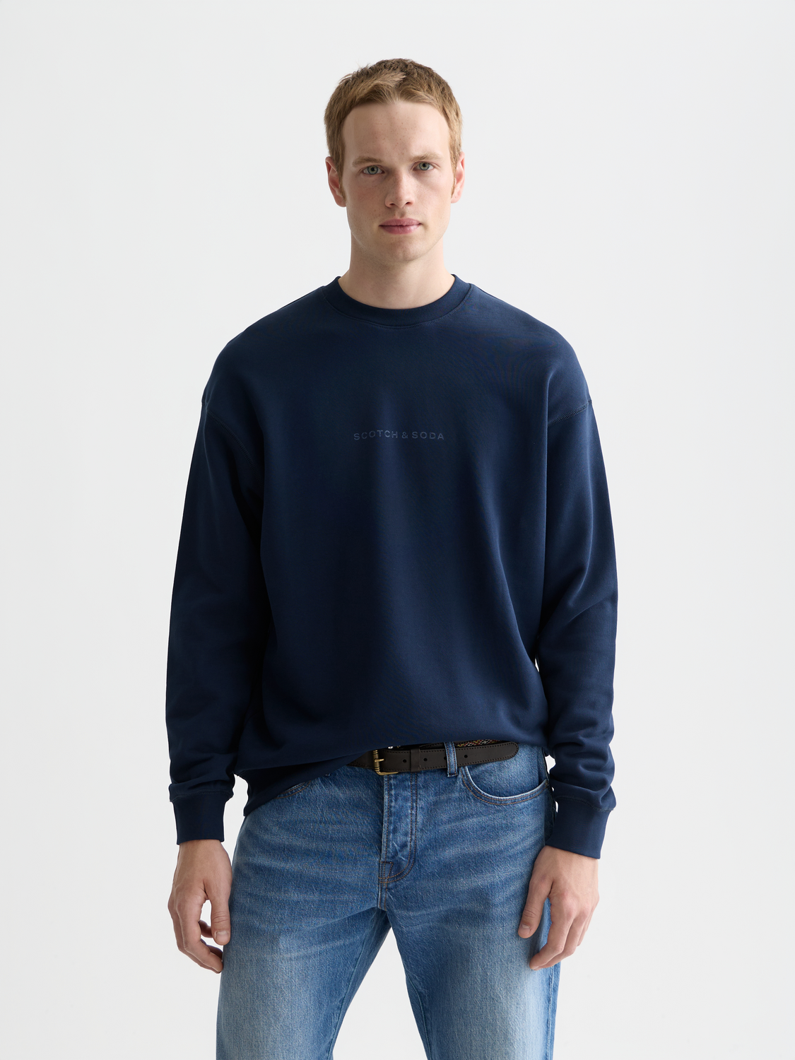 Scotch & Soda logo sweatshirt showing a casual gray sweatshirt with a front logo print and ribbed cuffs and hem.