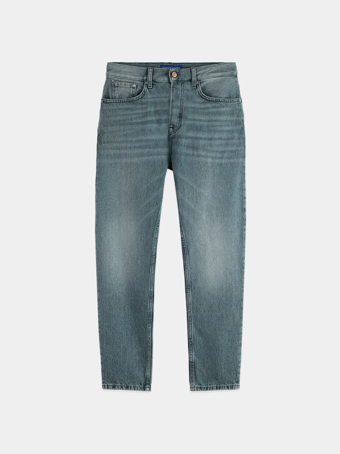 SCOTCH & SODA Dean tapered denim jeans with a classic fit, shown in a front view highlighting the tapered leg design.