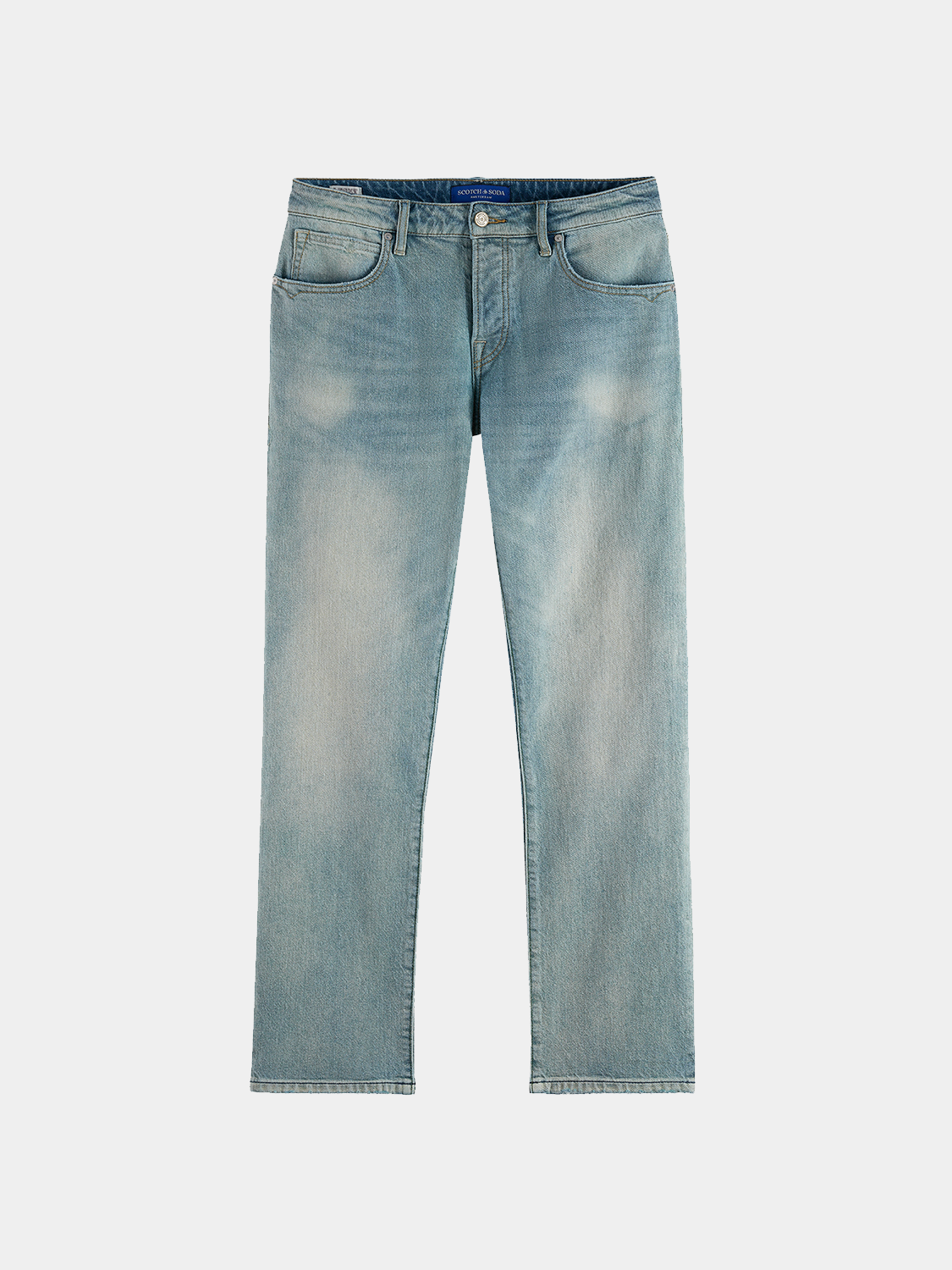 Scotch & Soda Zee straight-fit denim jeans showing classic blue denim with front pockets and belt loops.