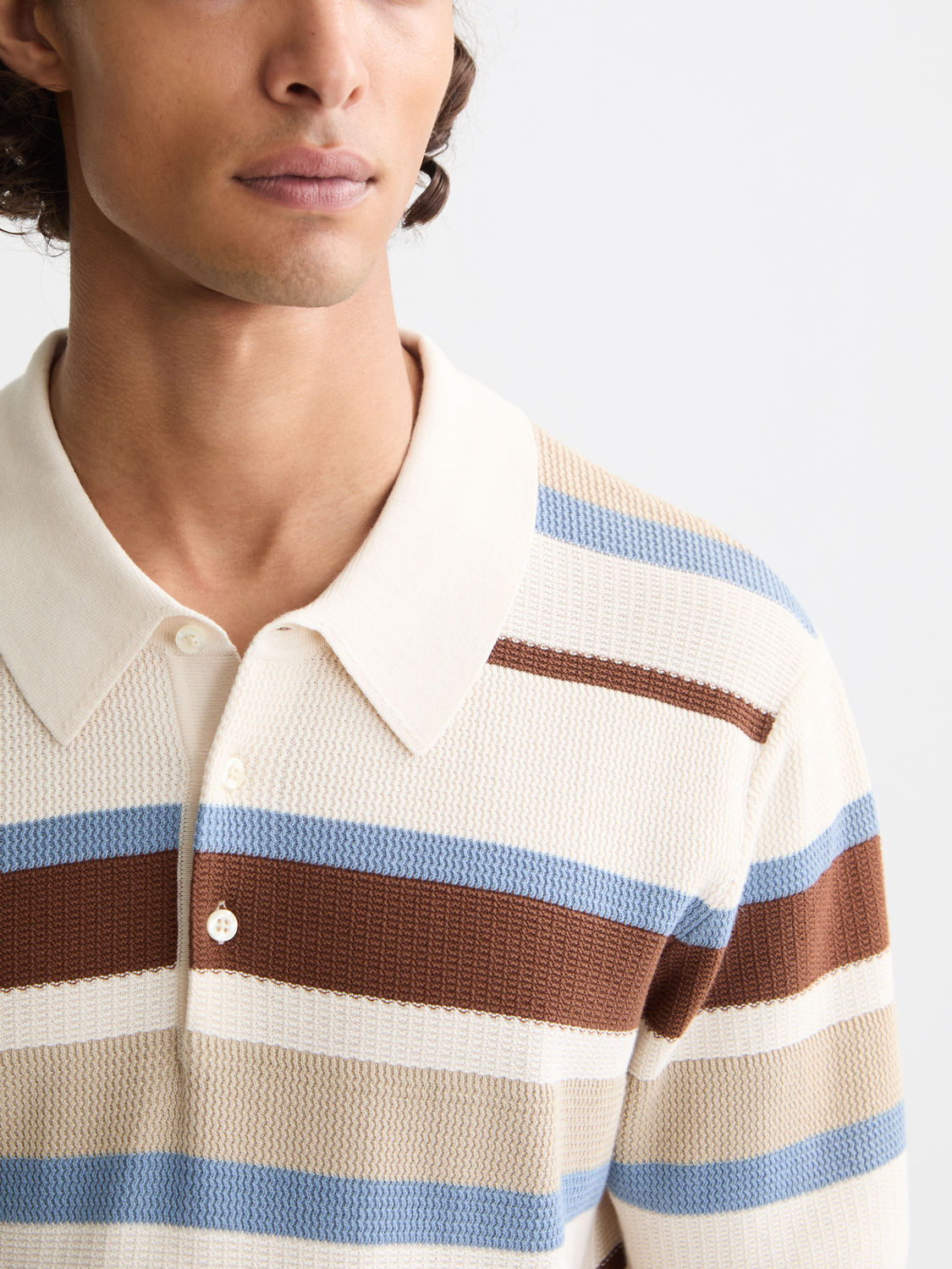 Scotch & Soda knitted striped polo shirt with a classic collar and short sleeves, featuring navy and white horizontal stripes.