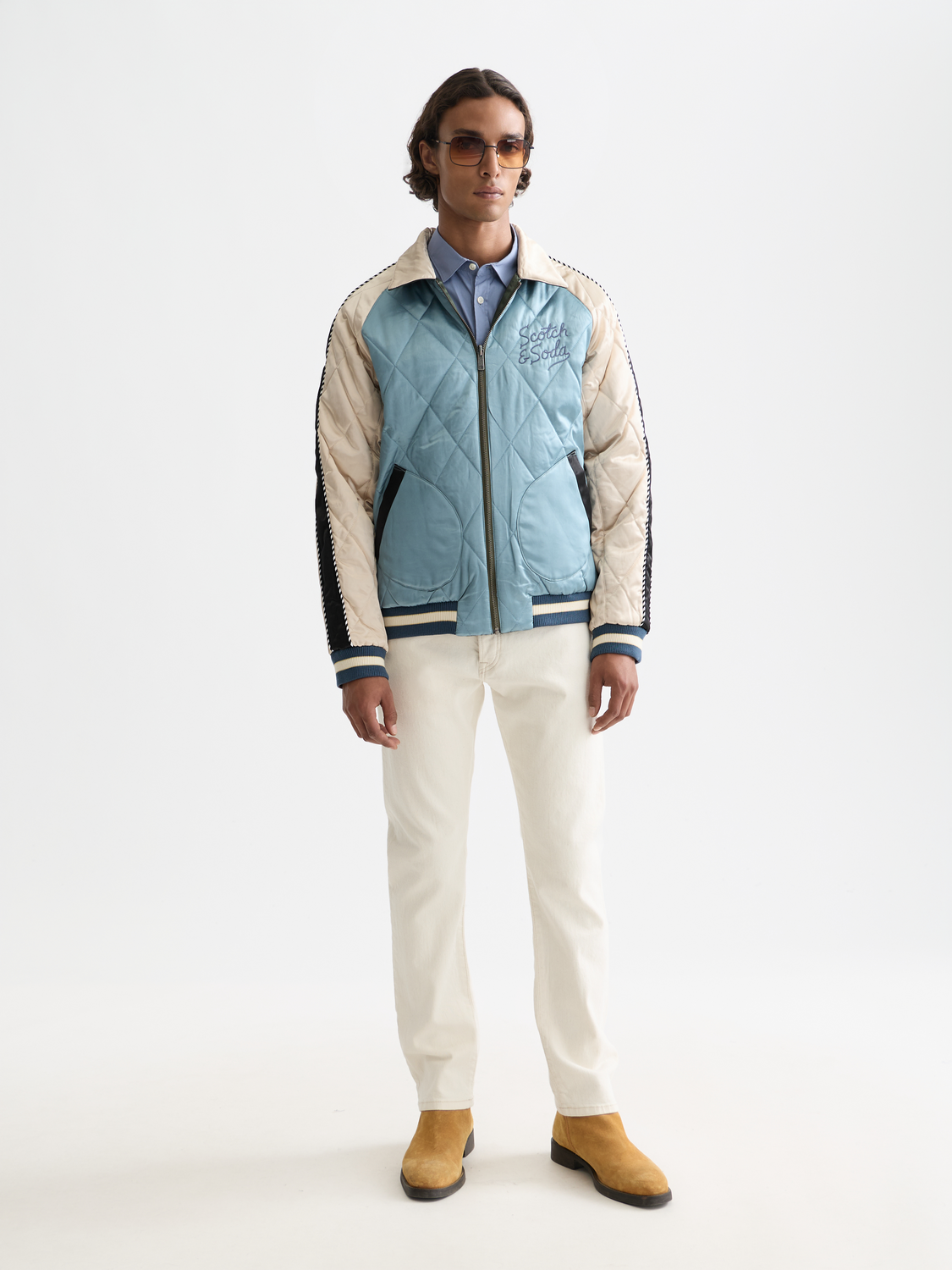 Reversible souvenir bomber jacket by Scotch & Soda, featuring vibrant print and casual fit, front view.