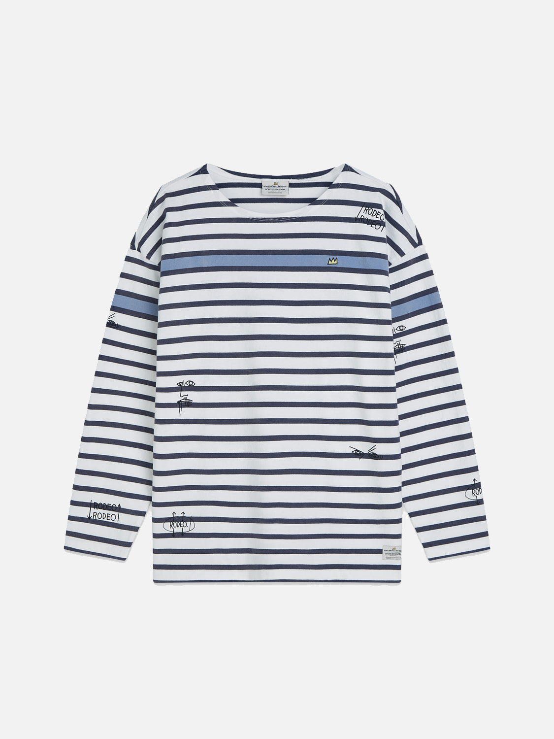 Long-sleeve Breton striped t-shirt by Scotch & Soda featuring S&S x Basquiat collaboration logo and classic navy and white stripes.