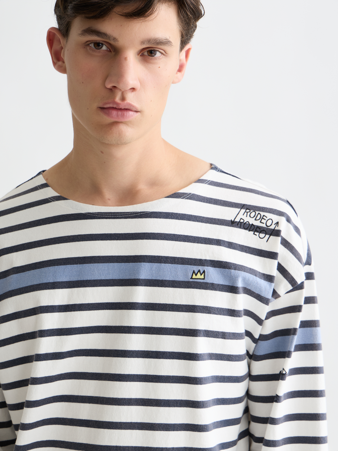Long-sleeve Breton striped t-shirt by Scotch & Soda featuring S&S x Basquiat artwork and classic horizontal stripes.
