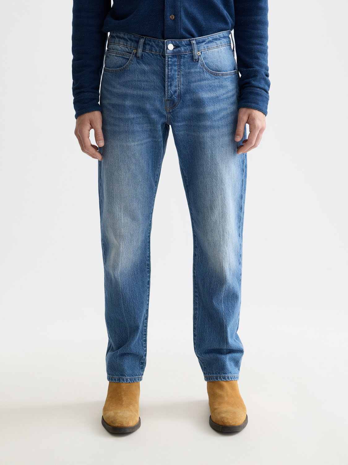 Scotch & Soda Zee straight-fit denim jeans shown in classic blue, featuring a mid-rise waist and five-pocket design.