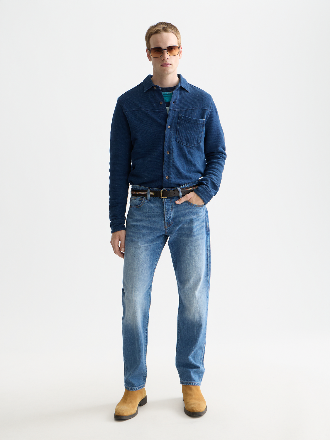 Washed indigo Scotch & Soda long-sleeve shirt with a casual fit, featuring button closure and classic collar.