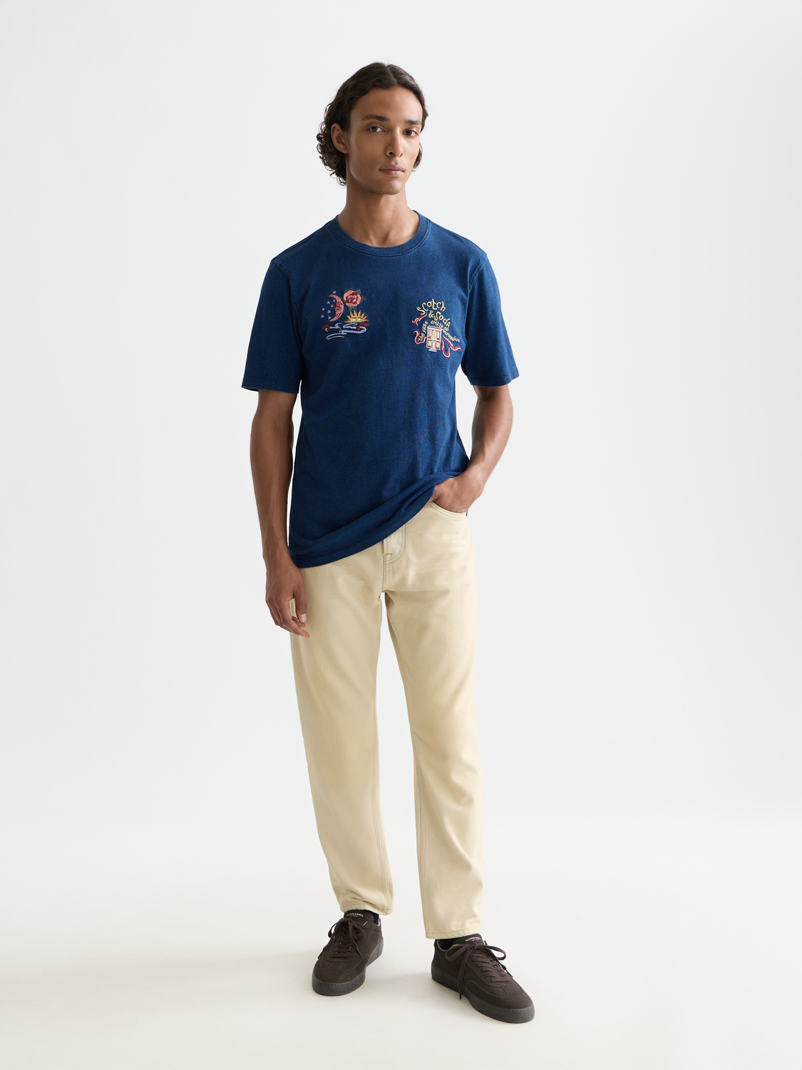 Embossed indigo Scotch & Soda short-sleeve embroidered t-shirt with intricate design on front.