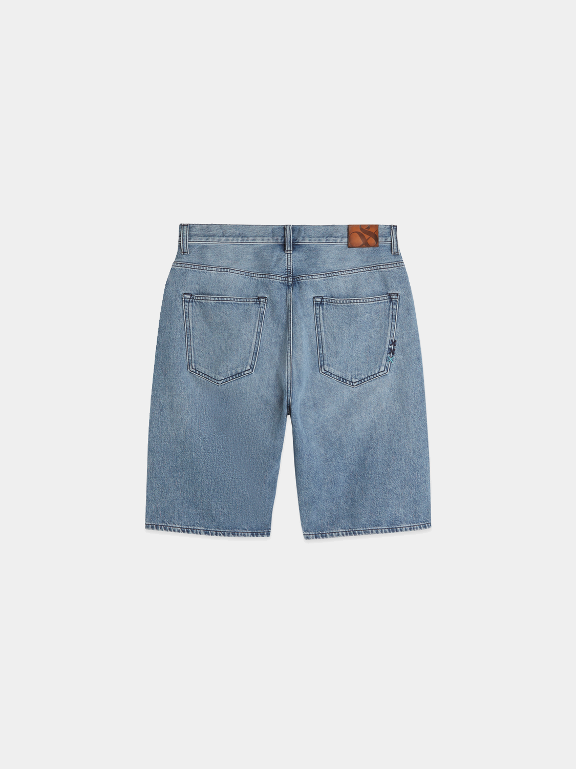 Dark blue Scotch & Soda denim shorts with a loose fit, featuring classic five-pocket styling and frayed hem detail.
