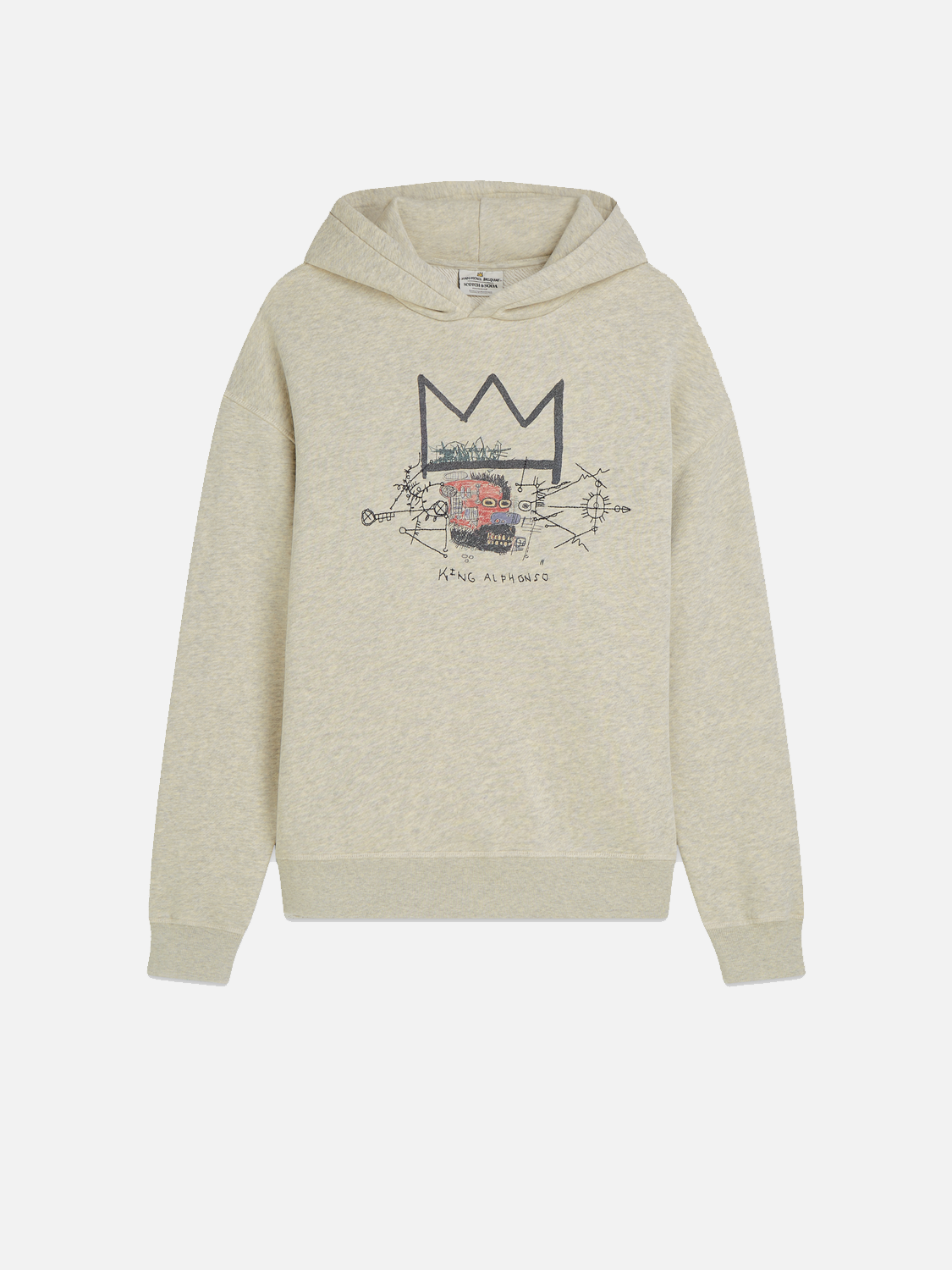 SCOTCH & SODA S&S x Basquiat washed artwork hoodie showing vibrant, artistic design on soft sweatshirt fabric.