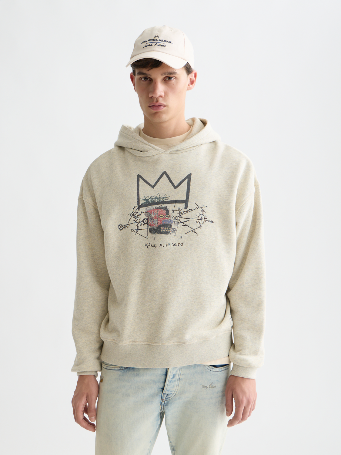 SCOTCH & SODA washed art hoodie featuring S&S x Basquiat design, soft fabric, front view with graphic print, casual streetwear style.