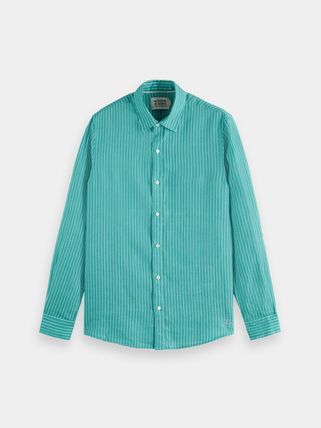 Long-sleeve striped linen shirt by Scotch & Soda featuring blue and white horizontal stripes, casual and lightweight fabric.