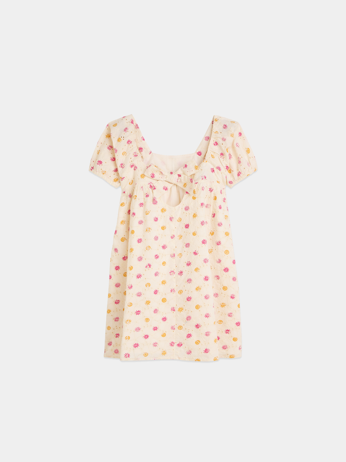 Kids' embroidered printed dress by Scotch & Soda, featuring colorful floral embroidery and lightweight fabric, back view.