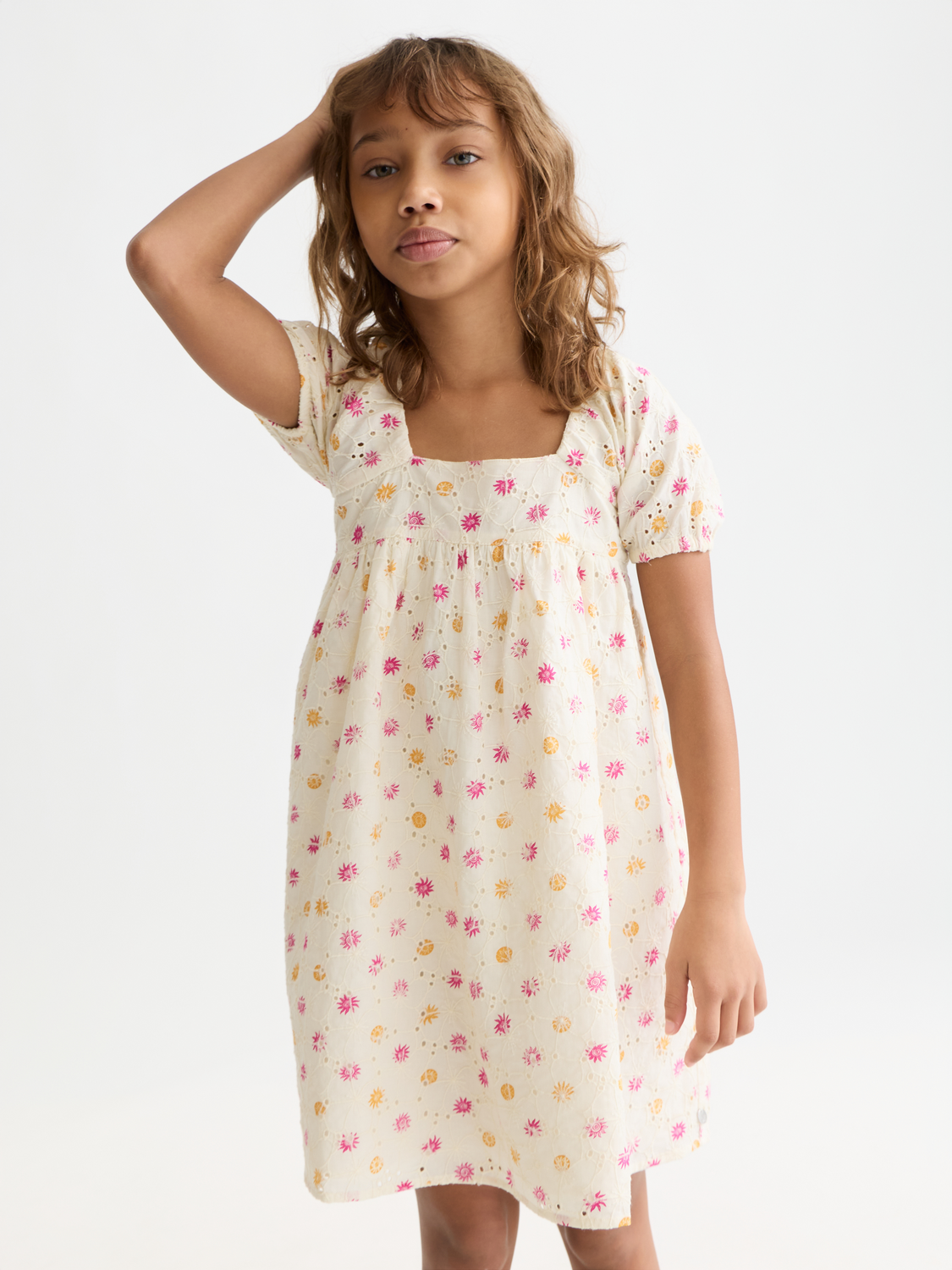 Kids' embroidered printed dress by Scotch & Soda, featuring colorful floral embroidery and playful patterns.