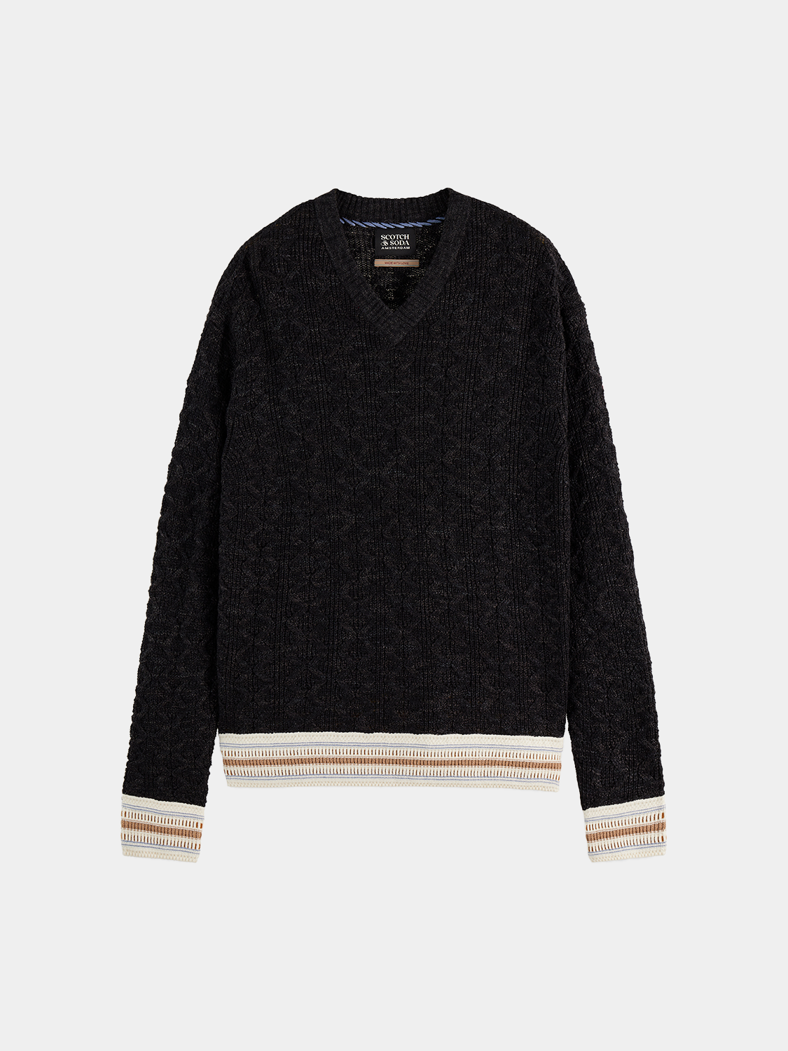 SCOTCH & SODA V-neck cable knit pullover, warm and stylish knitwear with textured cable pattern, close-up view of the sweater.