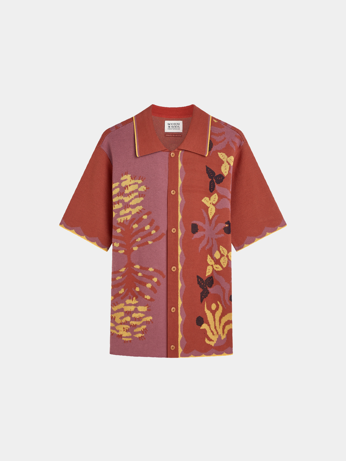 Knitted jacquard short-sleeved shirt from Scotch & Soda, featuring intricate knit patterns and a classic fit.