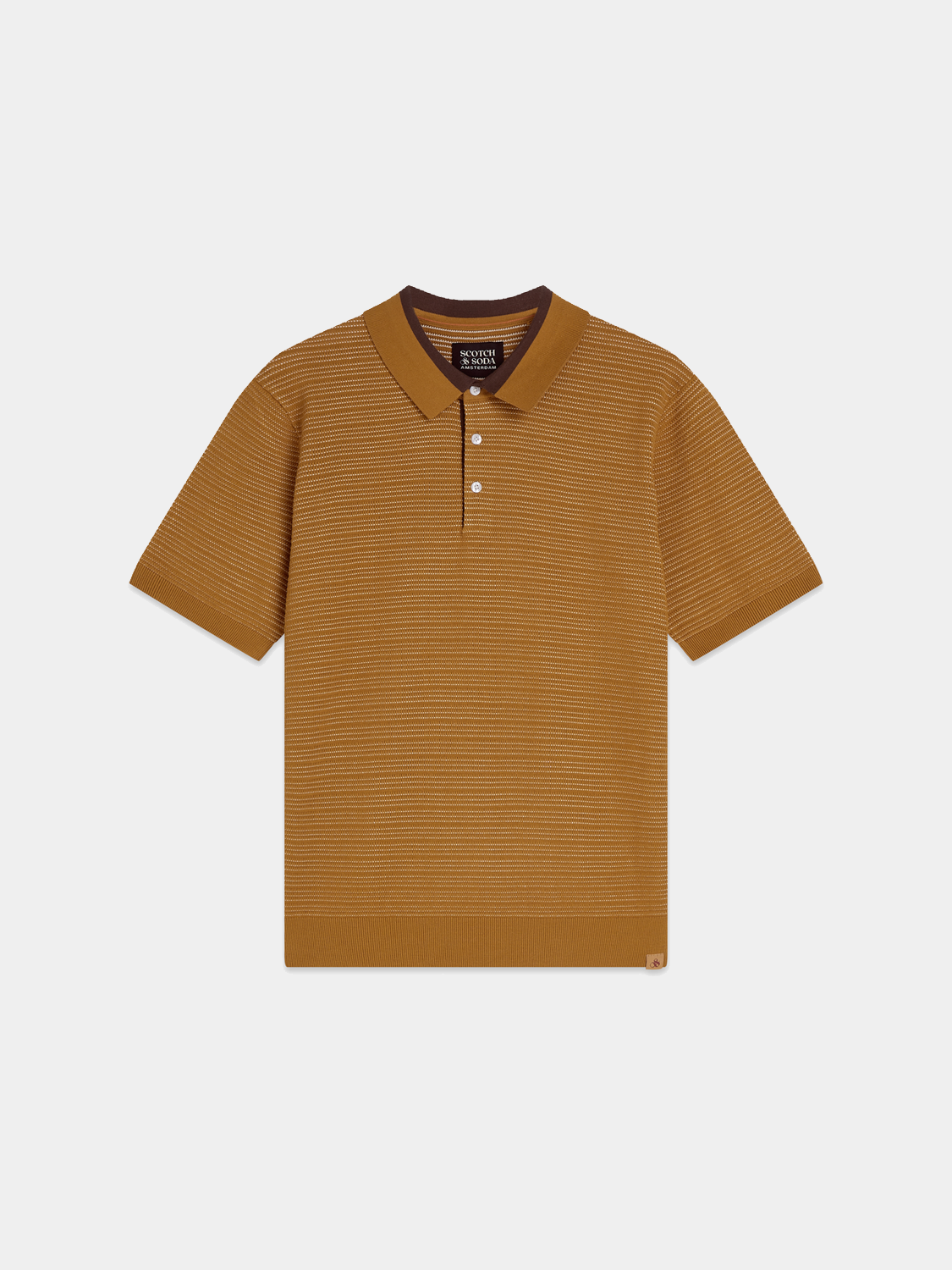 Close-up of a navy knitted polo shirt by Scotch & Soda featuring a classic collar and textured knit fabric.