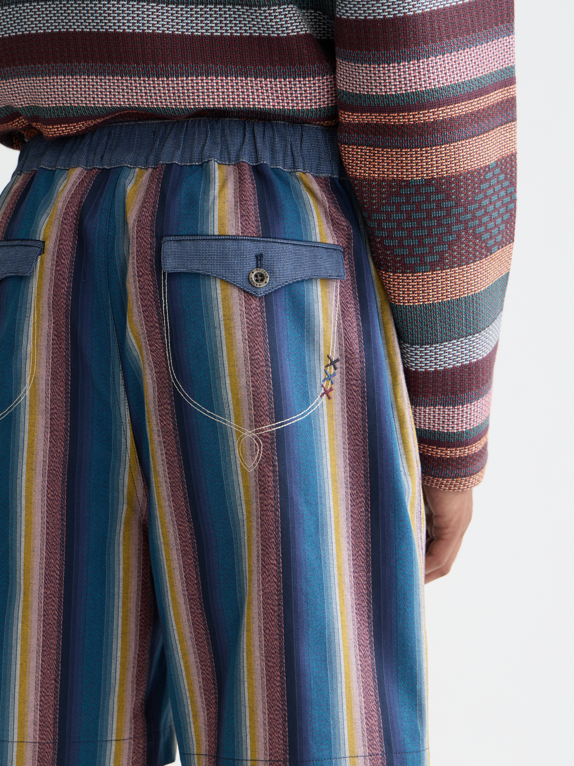 Striped shorts by Scotch & Soda featuring blue, white, and beige stripes, casual fit, and lightweight fabric.