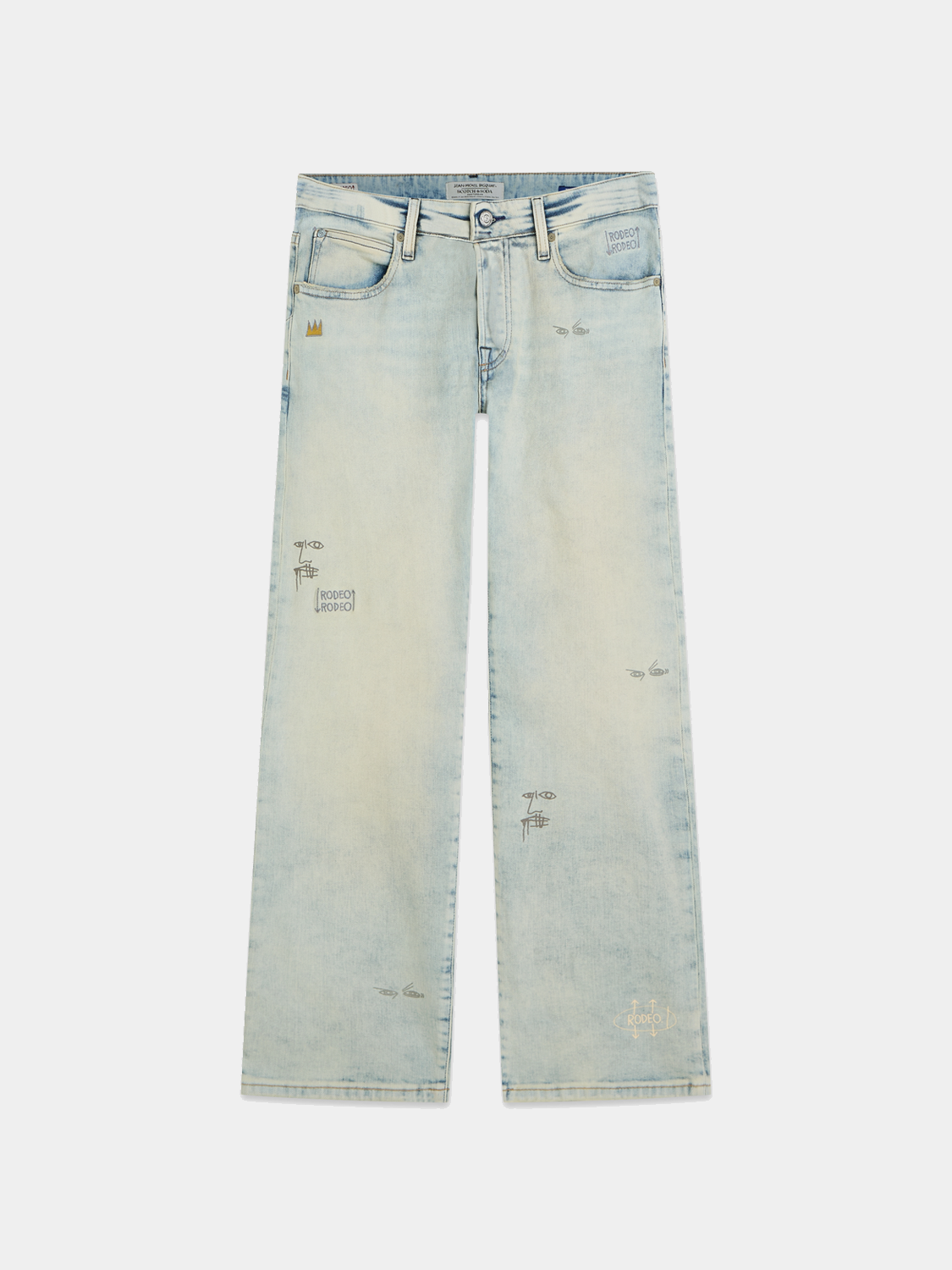 Scotch & SODA S&S x Basquiat straight-fit denim jeans with classic five-pocket design and distressed details.