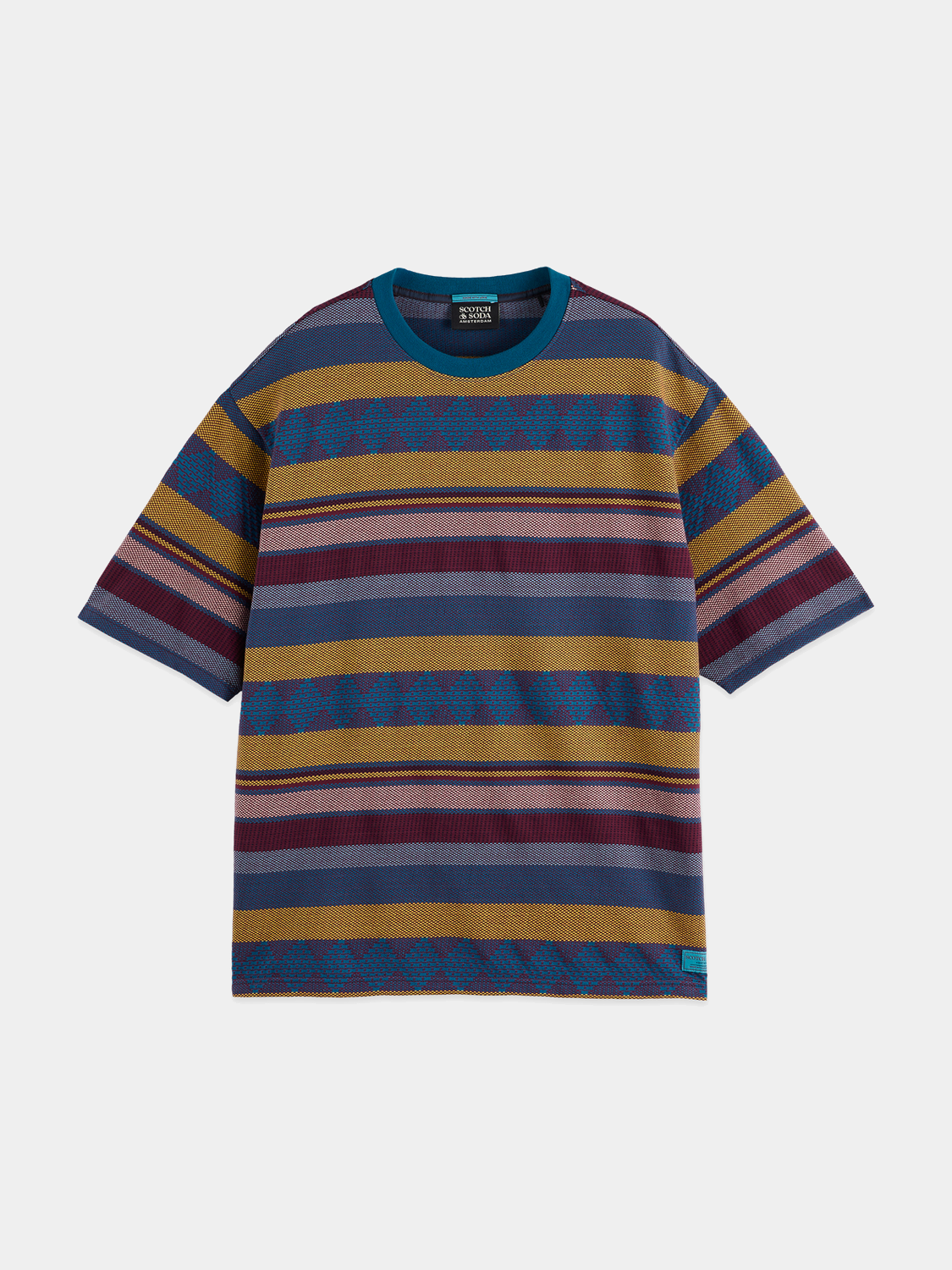 Jacquard knitted Scotch & Soda short-sleeve T-shirt with intricate woven patterns, stylish and comfortable men's casual top.