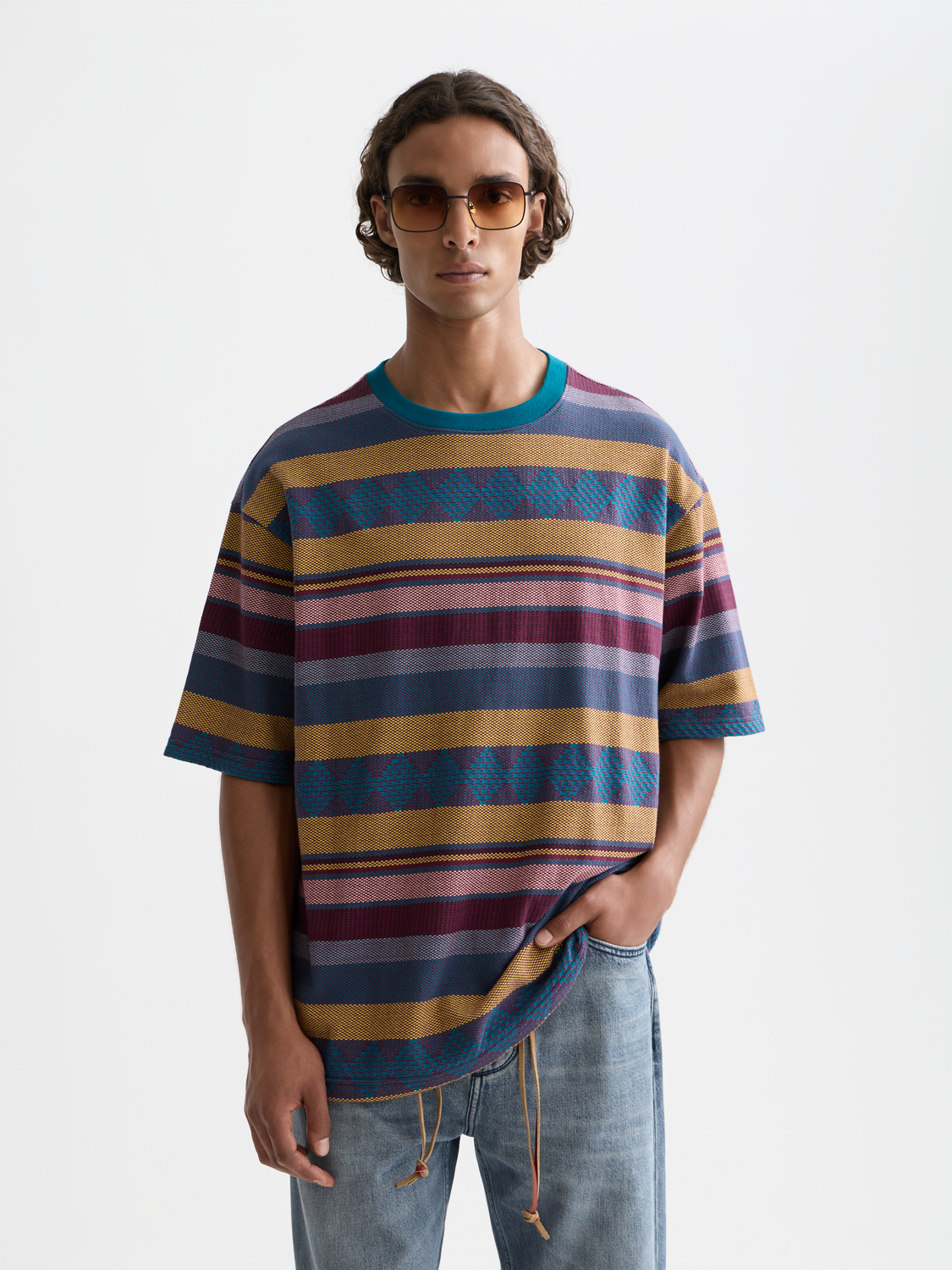 Jacquard knitted Scotch & Soda short-sleeve t-shirt with detailed pattern, front view, casual style for men.
