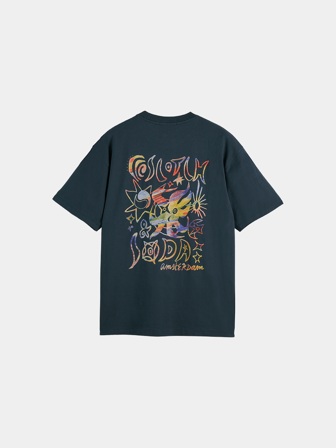 Scotch & Soda artwork short sleeve T-shirt featuring colorful graphic design on black fabric.