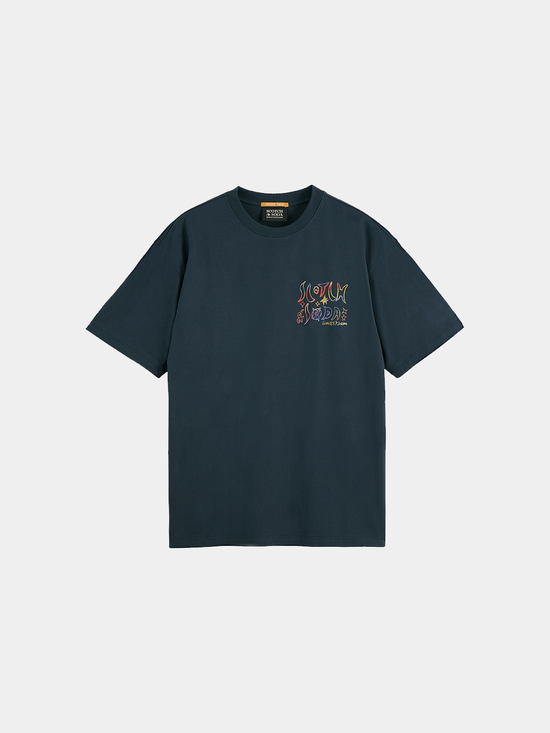 Scotch & Soda short sleeve artwork t-shirt with colorful graphic print on soft fabric, casual men's clothing.