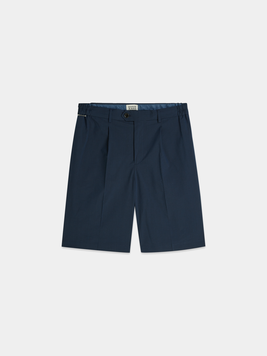 Light blue seersucker shorts by Scotch & Soda with a relaxed fit and elastic waistband, perfect for casual summer wear.