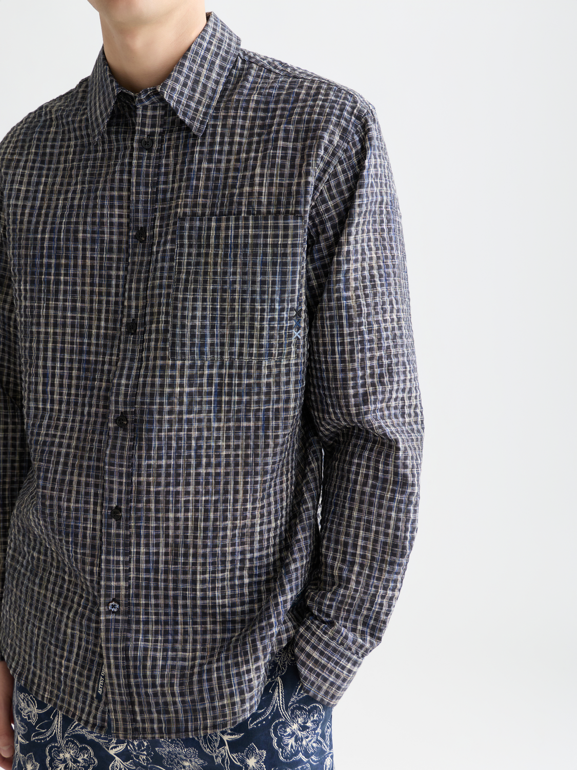 Blue Scotch & Soda seersucker micro-check long sleeve shirt with collar and button front.