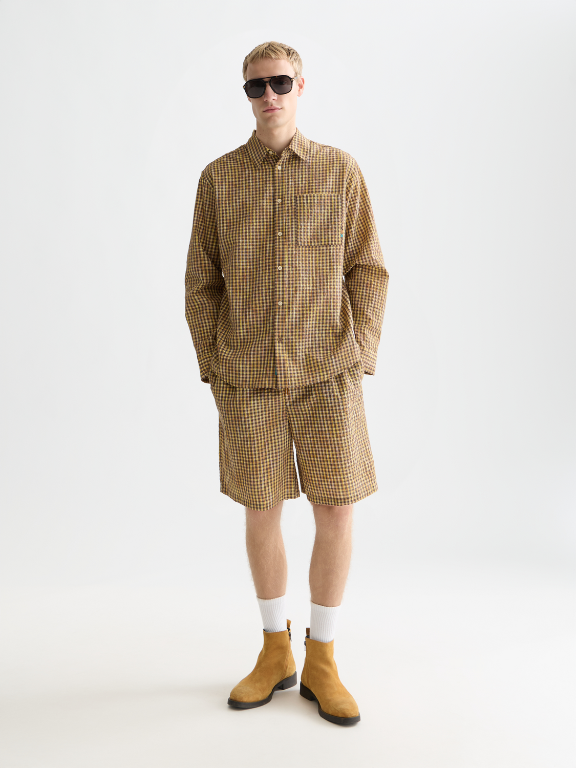 Blue Scotch & Soda seersucker micro-check long-sleeve shirt with a classic collar and button front.