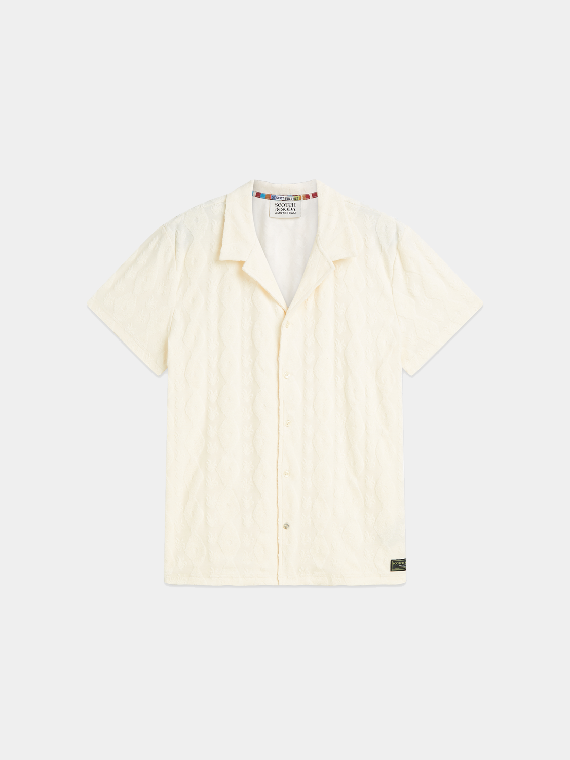 Scotch & Soda terry jacquard short-sleeved shirt featuring a textured fabric and classic fit, displayed on a hanger.