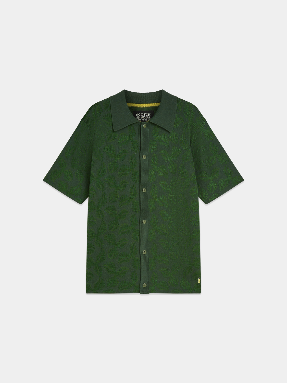 Knitted jacquard short-sleeved shirt by Scotch & Soda, featuring intricate knitwear design in natural tones.