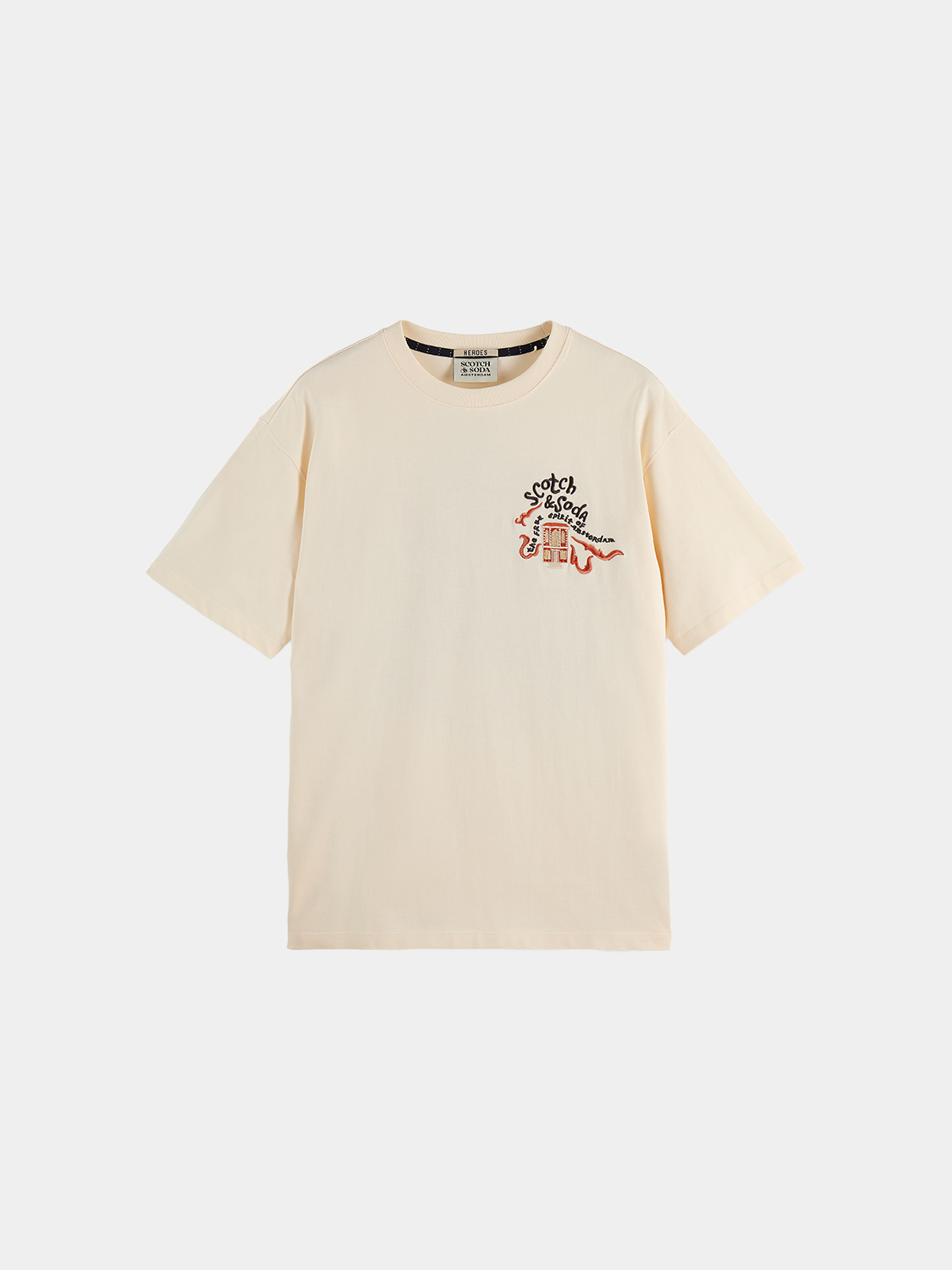 Embroidered Scotch & Soda short-sleeve T-shirt with colorful floral design on the front, casual fit and soft fabric.