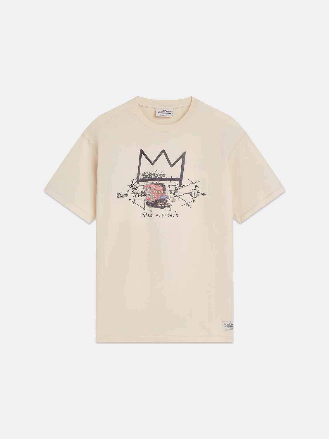 Short-sleeve Scotch & SODA t-shirt featuring a colorful Basquiat artwork print on the front.
