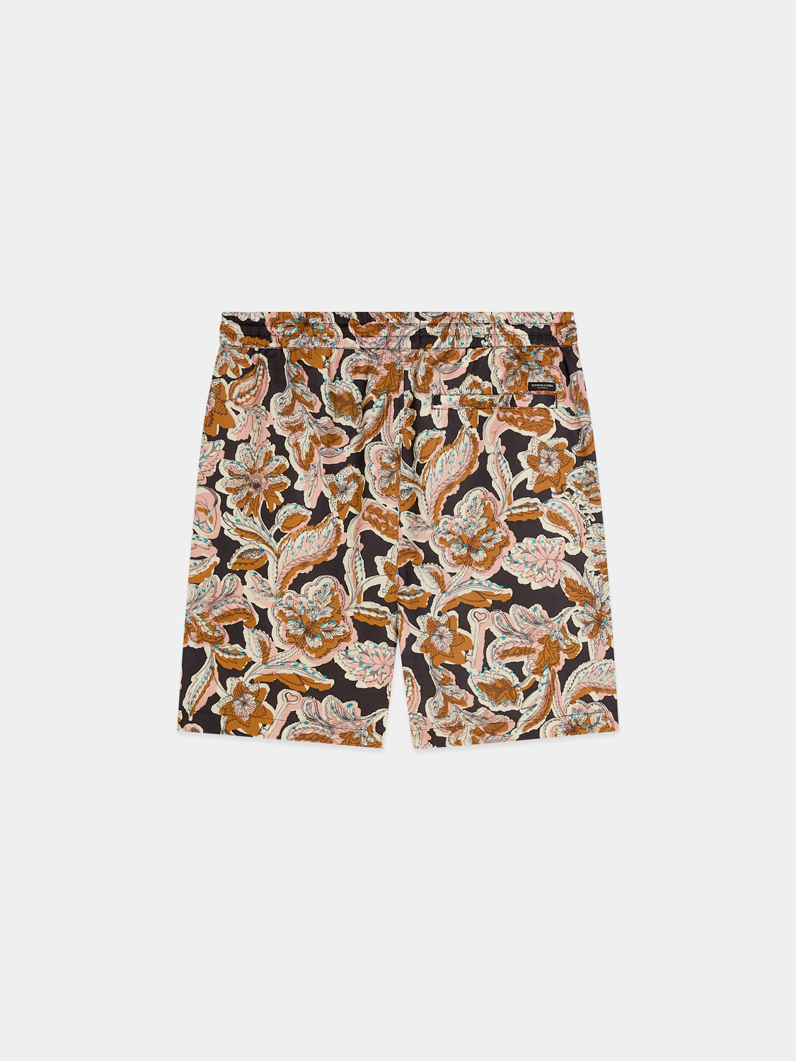Black Fave printed shorts by Scotch & Soda, featuring a stylish pattern and relaxed fit, shown from the back view.
