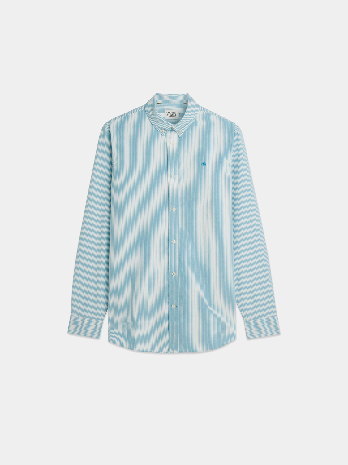 Long sleeve striped Oxford shirt from Scotch & Soda, featuring a classic collar and button front in blue and white stripes.