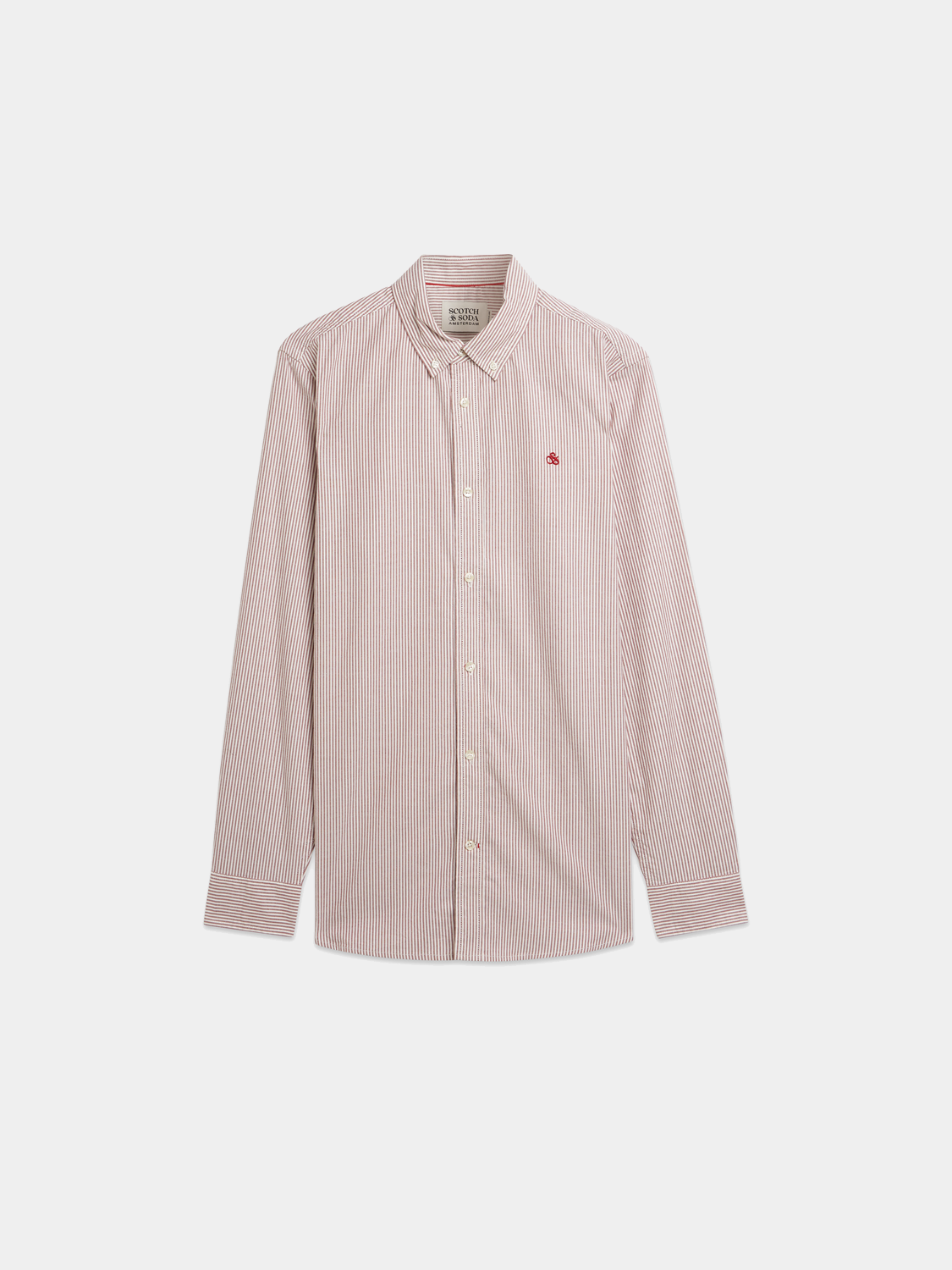 Long-sleeve striped Oxford shirt by Scotch & Soda, featuring classic blue and white pattern, button-down collar, casual style