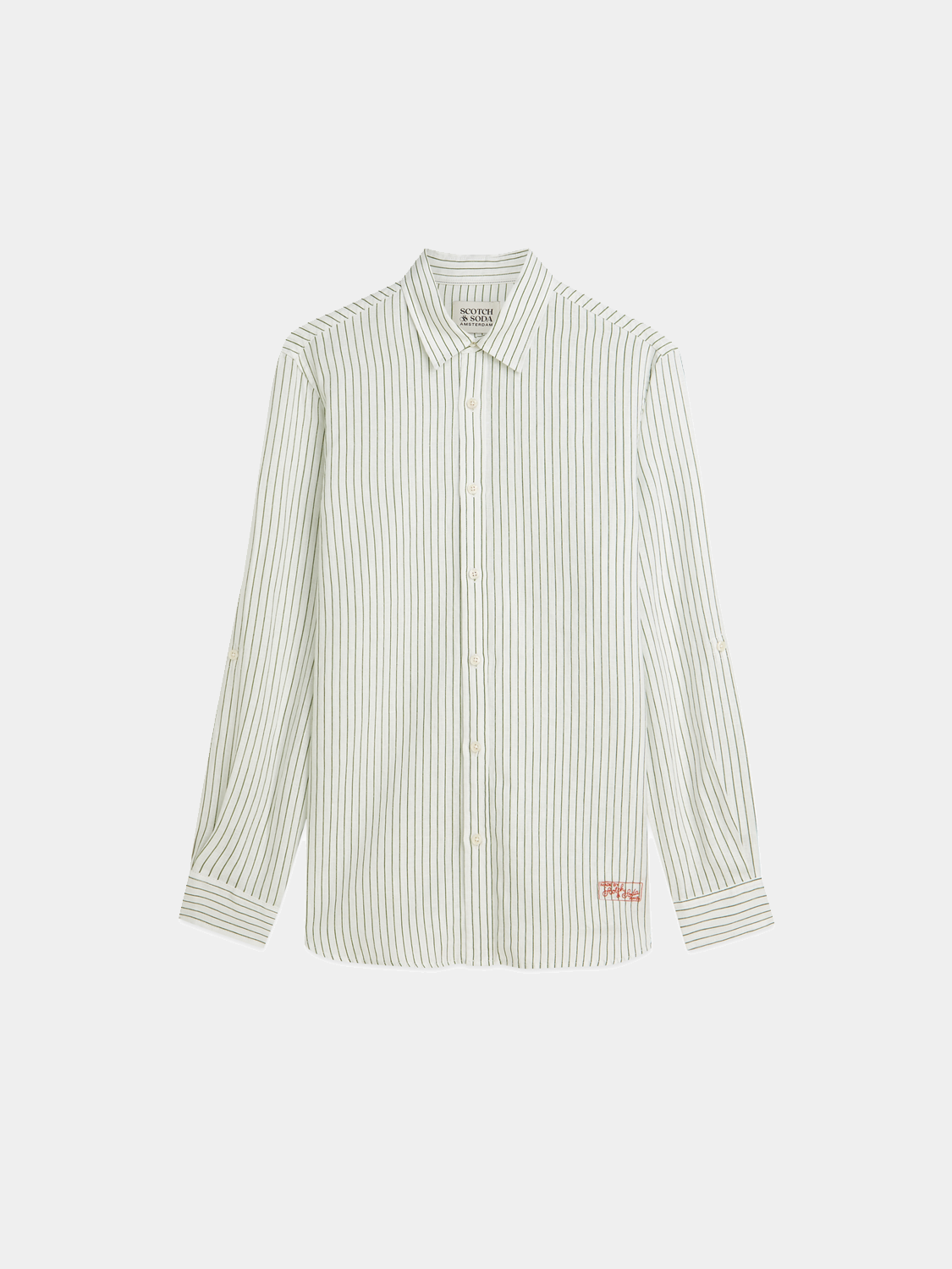 Long-sleeve striped linen shirt by Scotch & Soda, featuring a casual fit with blue and white vertical stripes.