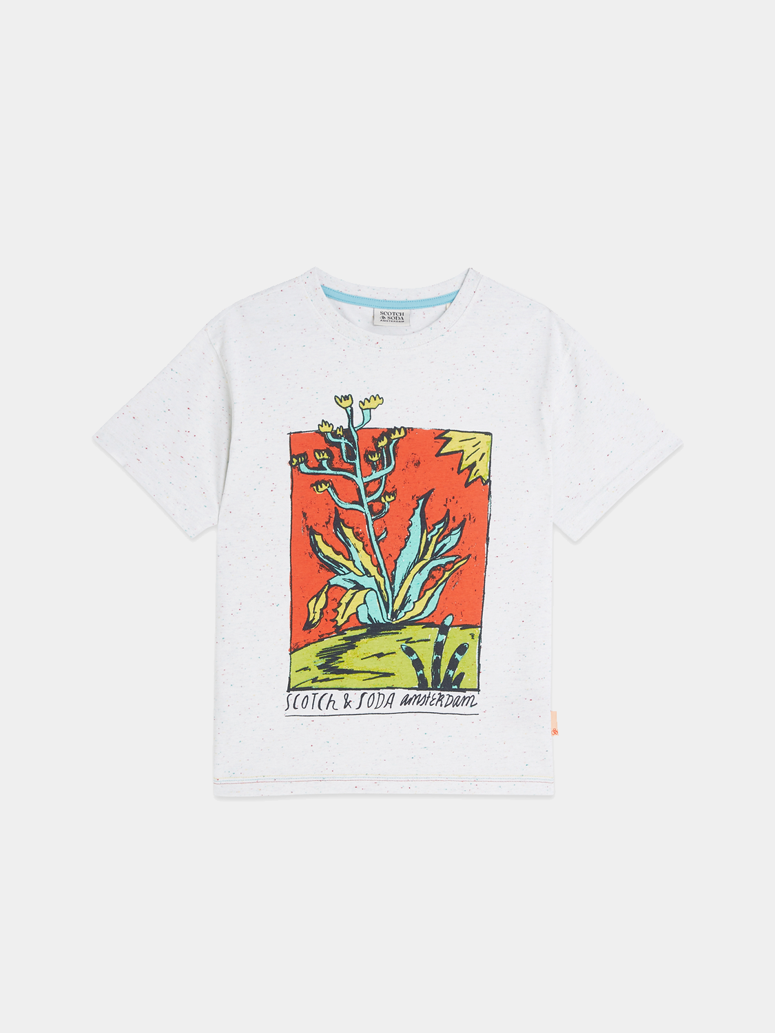 Kids' short sleeve T-shirt by Scotch & Soda with colorful artwork design, made from soft fabric for comfortable wear.