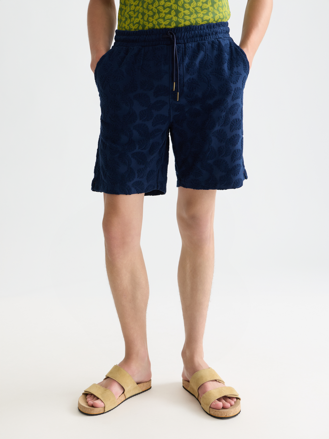 Scotch & Soda Fave terry shorts in soft fabric with a relaxed fit and elastic waistband, shown in a neutral color.