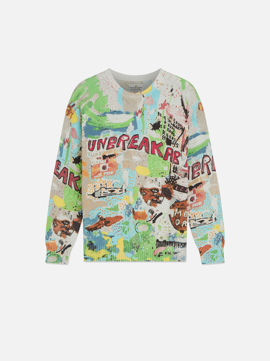 SCOTCH & SODA knitwear pullover featuring S&S x Basquiat printed design, showcasing a stylish, artistic textile with vibrant graphics.