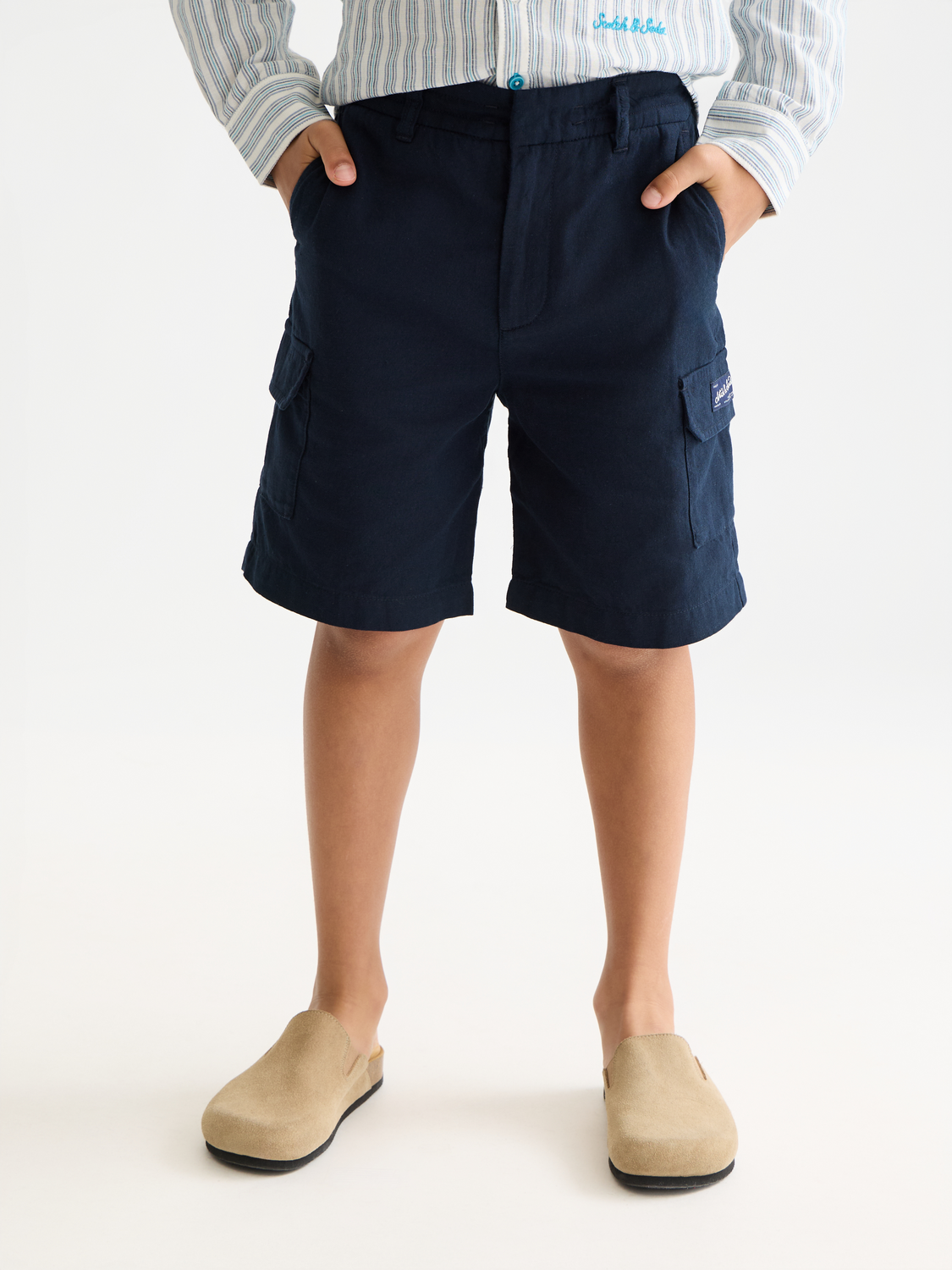 Kids cargo shorts from Scotch & Soda featuring a comfortable fit, multiple pockets, and casual style.