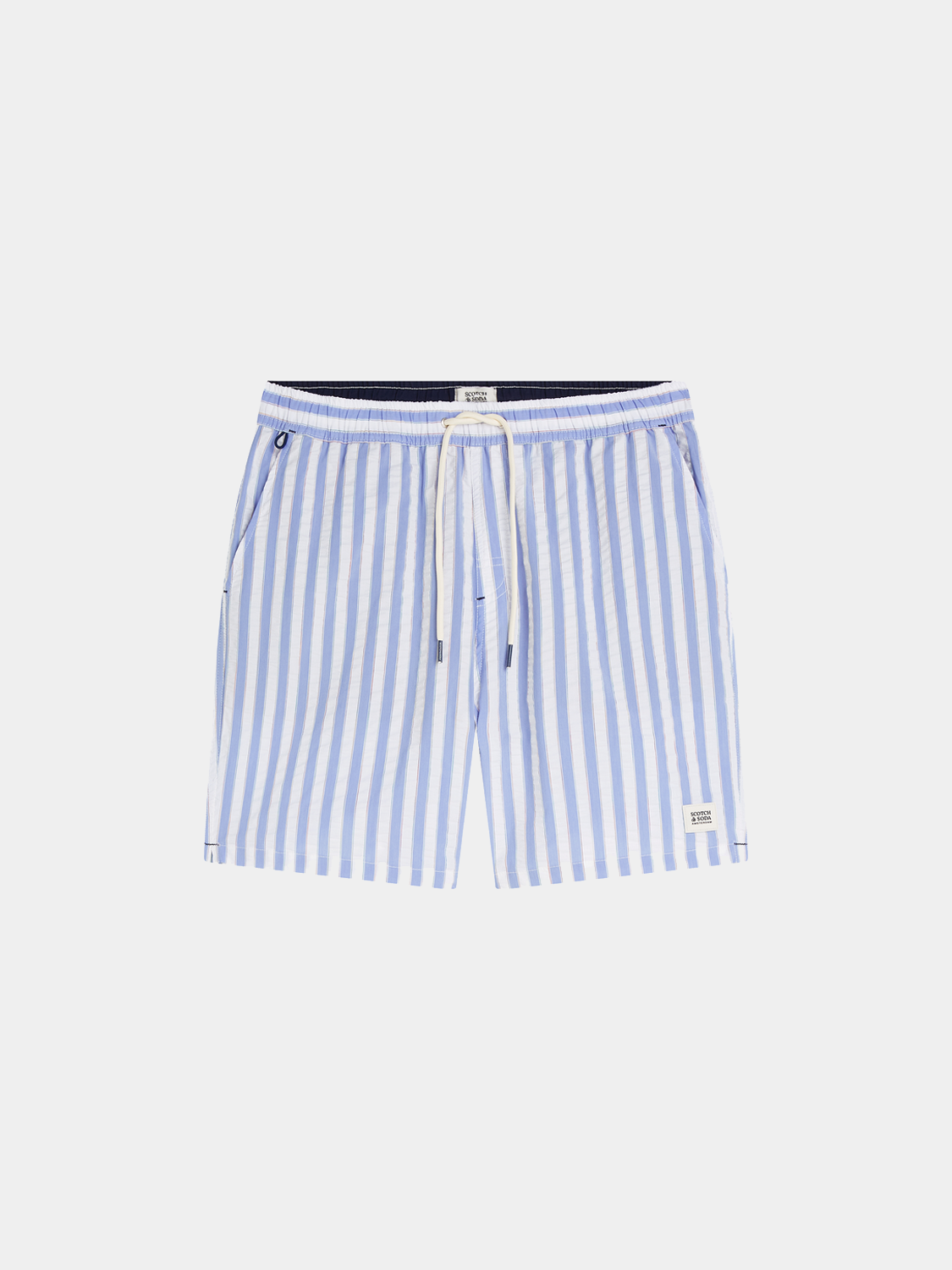Striped mid-length swimshorts by Scotch & Soda featuring a colorful pattern and comfortable fit, perfect for beach or pool days.