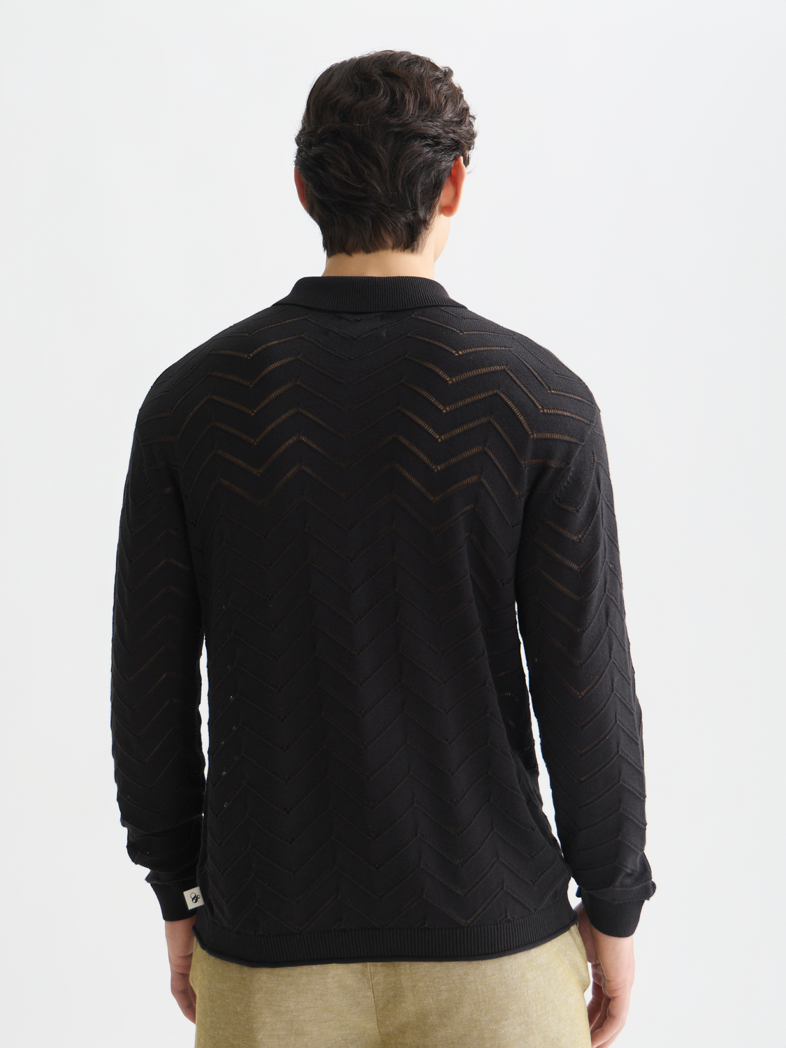 Pointelle knit cardigan by Scotch & Soda, showing the back view with intricate openwork details and lightweight knit fabric.