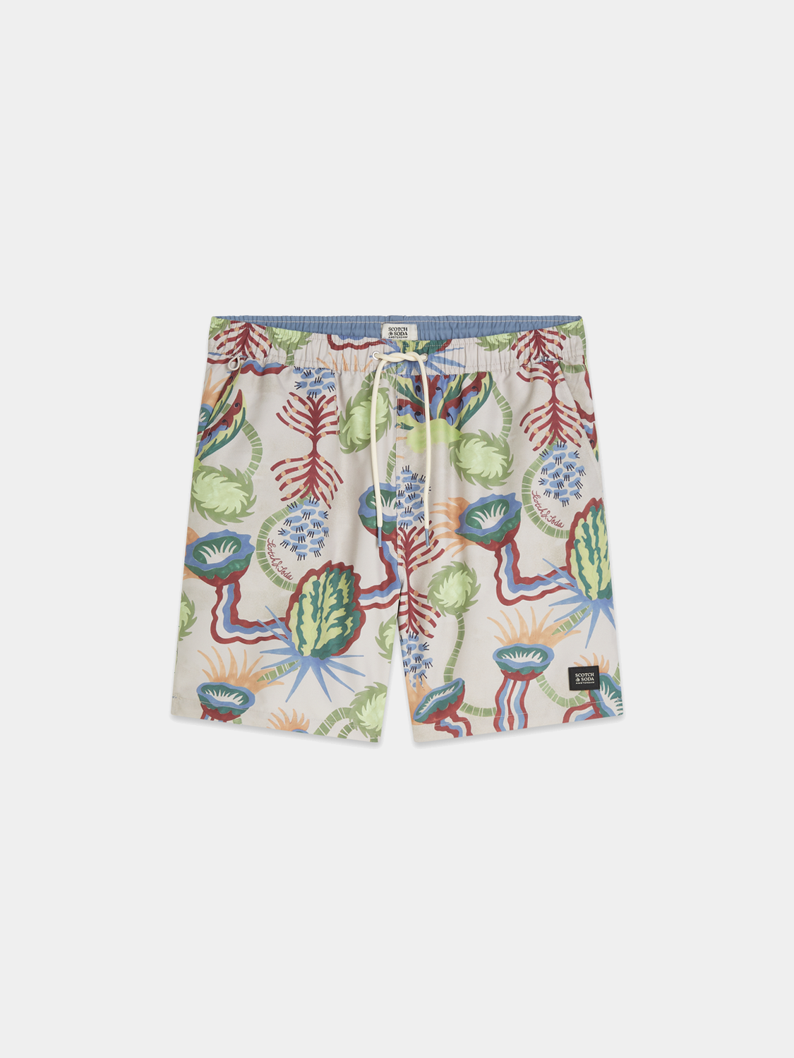 Printed swimshorts by Scotch & Soda, stylish men's swimwear with vibrant pattern, designed for beach and poolside wear.