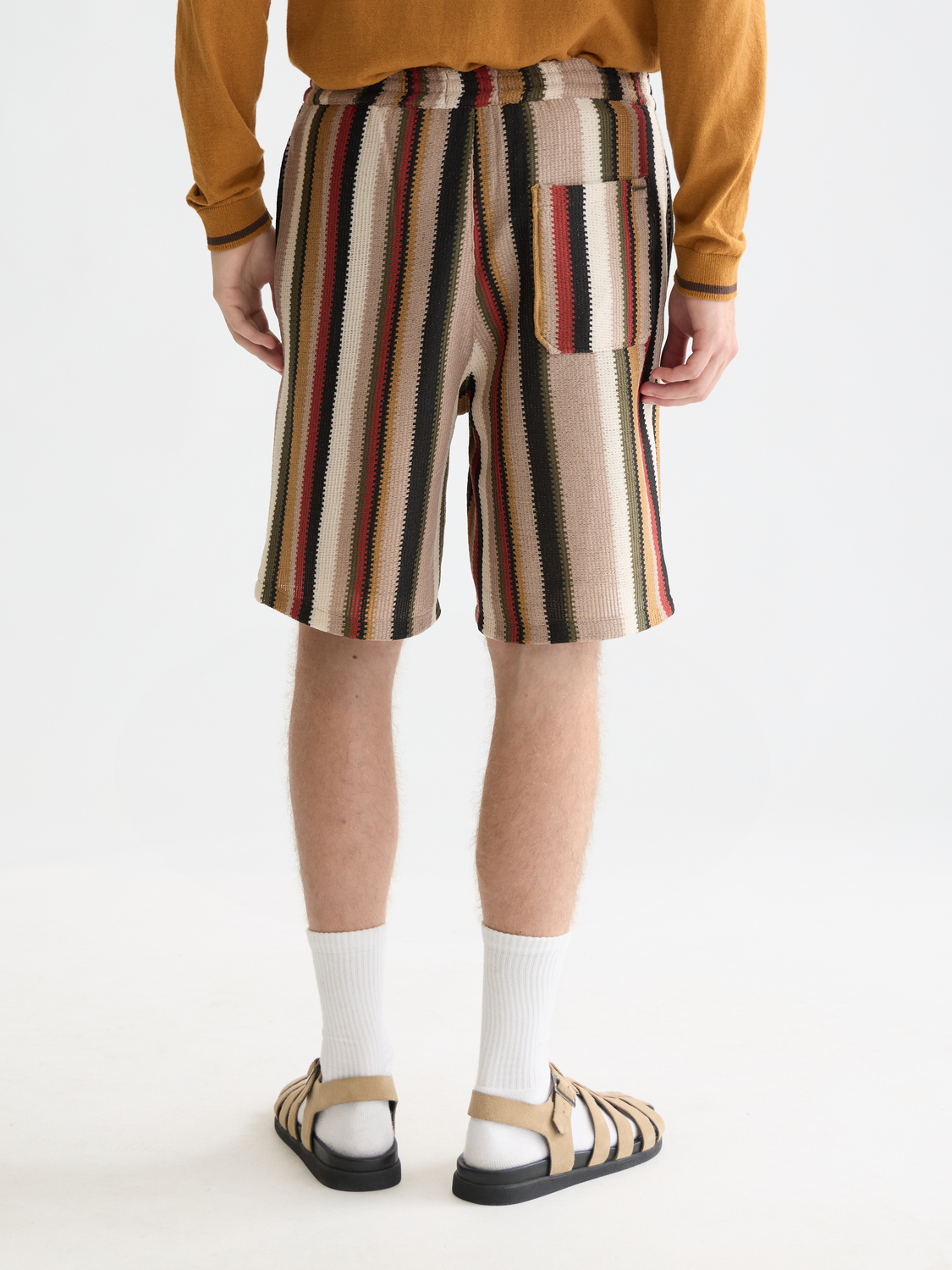 Crochet striped shorts by Scotch & Soda featuring a colorful pattern, back view showing textured fabric and relaxed fit.