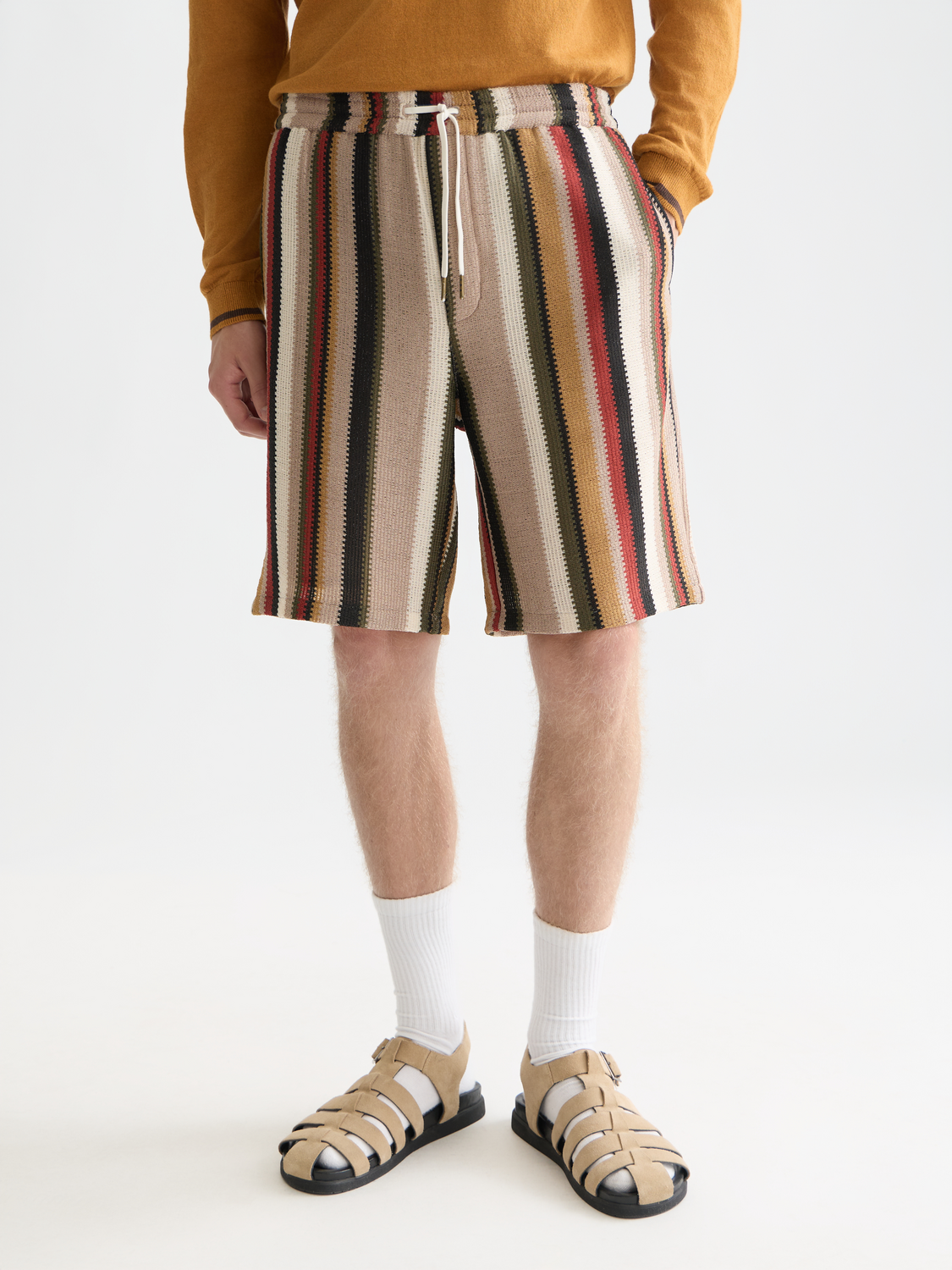 Crochet striped shorts by Scotch & Soda featuring a casual fit and colorful pattern, perfect for summer wear.