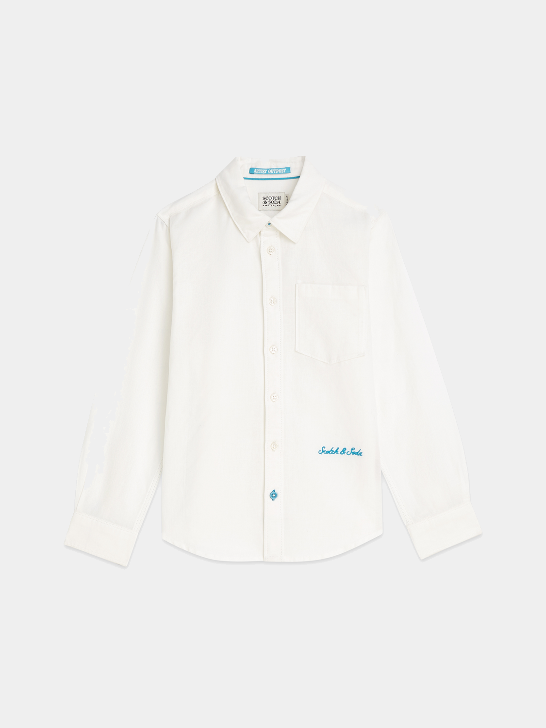 Kids linen long sleeve shirt by Scotch & Soda featuring a casual, comfortable fit with a button-up front and collar.