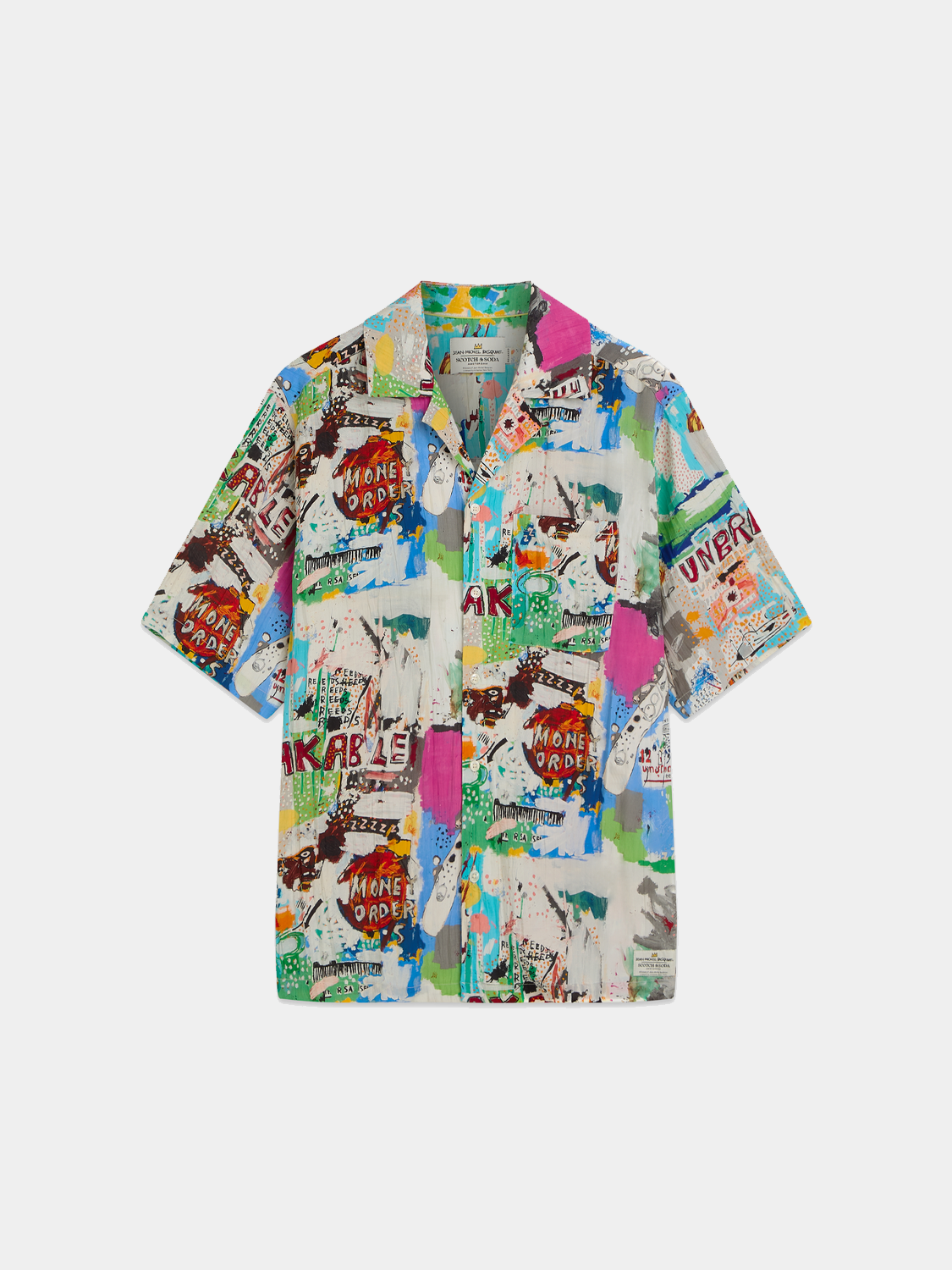 Short-sleeved shirt by Scotch & Soda featuring a Jean-Michel Basquiat printed design, casual summer S/S shirt with vibrant artwork.