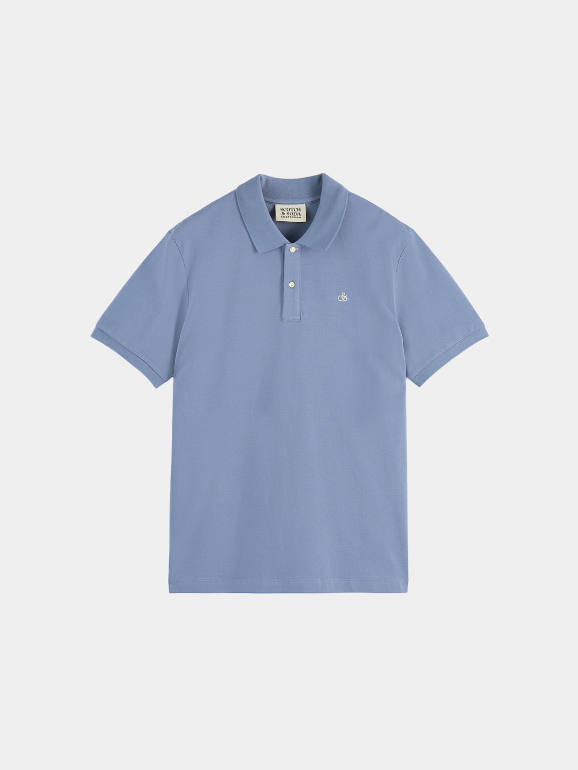 Scotch & Soda logo pique polo shirt in navy with a classic collar and short sleeves, displayed flat.