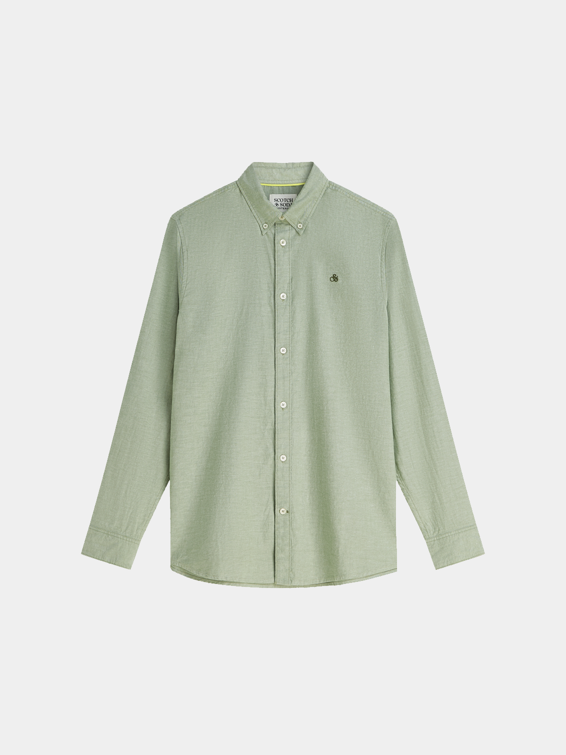 Long-sleeve Scotch & Soda Oxford shirt displayed on a hanger, showcasing classic collar and button-up front.